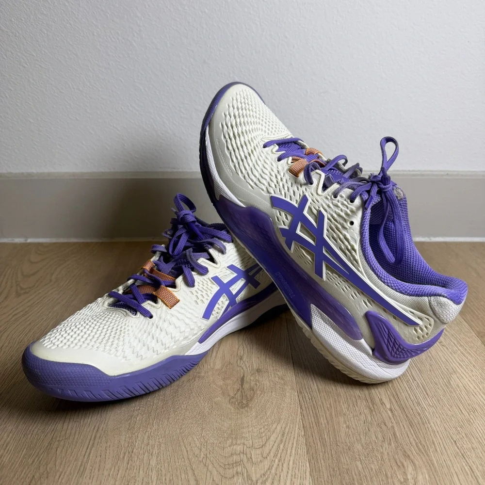 ASICS‎ Gel Resolution 9 Wide Womens Size 10 Cream Purple Tennis Shoes 1042A226